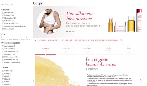 Capture du site web de Clarins, catalogue produit