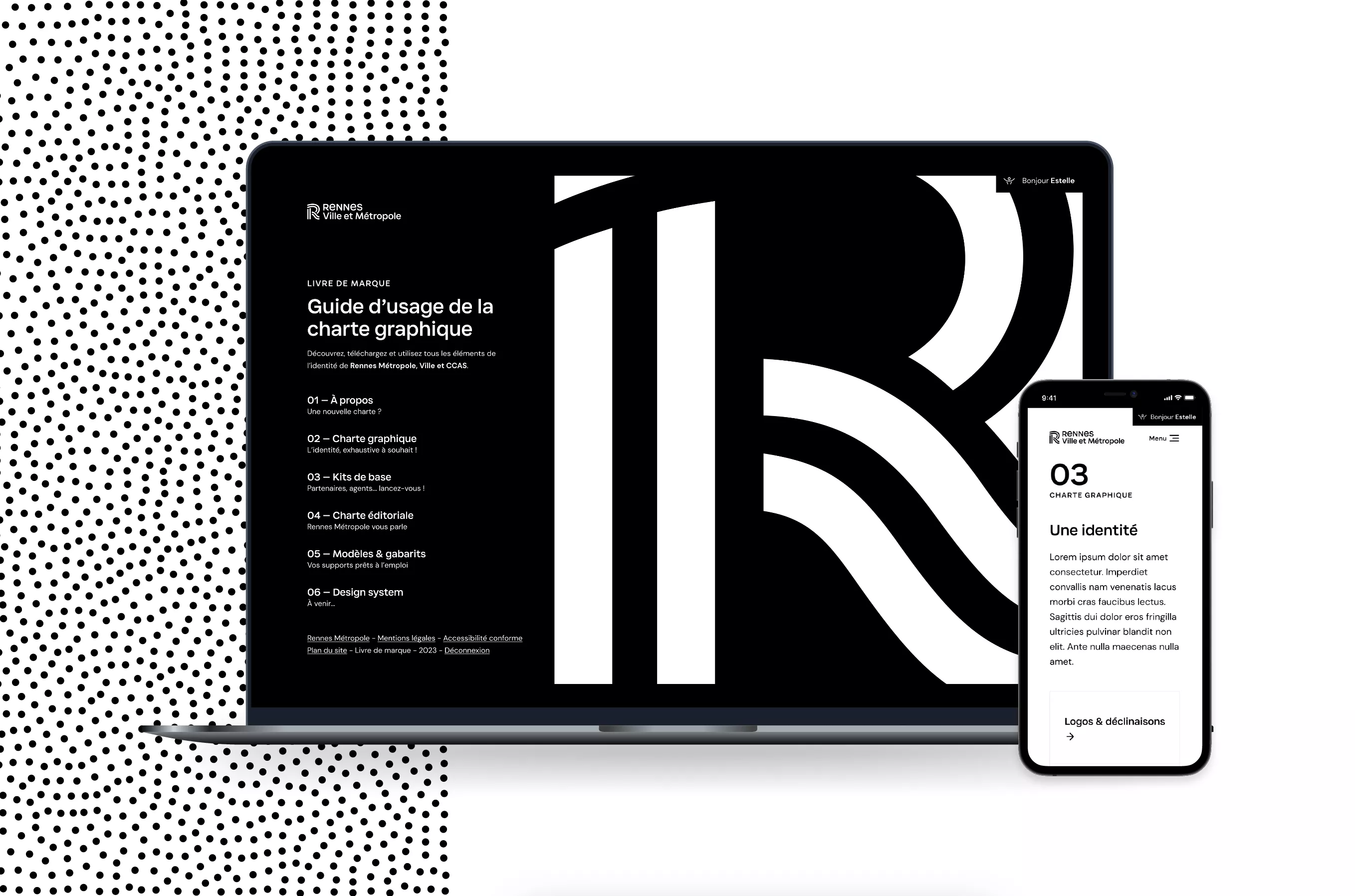 Le webdesign du guide de marque de Rennes Métropole joue pleinement la carte du noir et blanc
